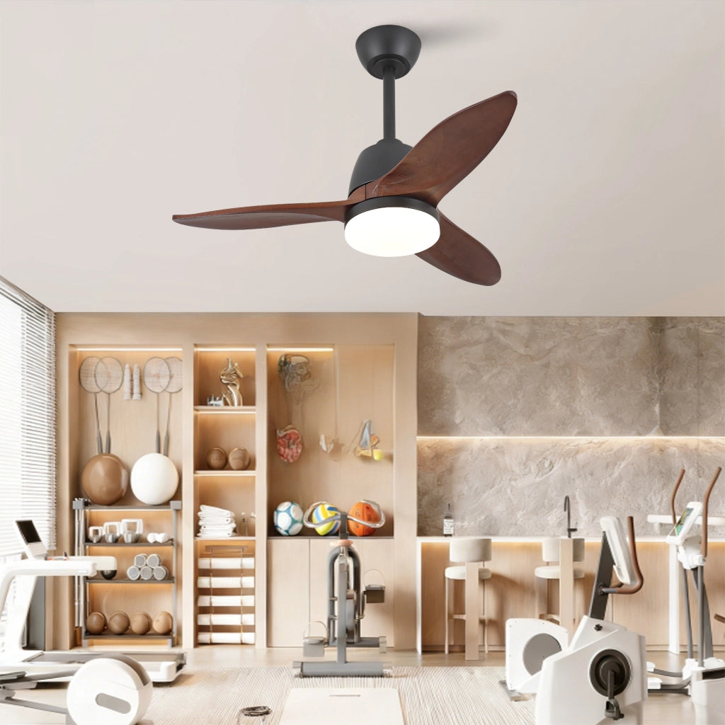 Ventilatore da soffitto nero con luce LED a 3 tonalità, pale in legno e motore DC reversibile per soggiorno