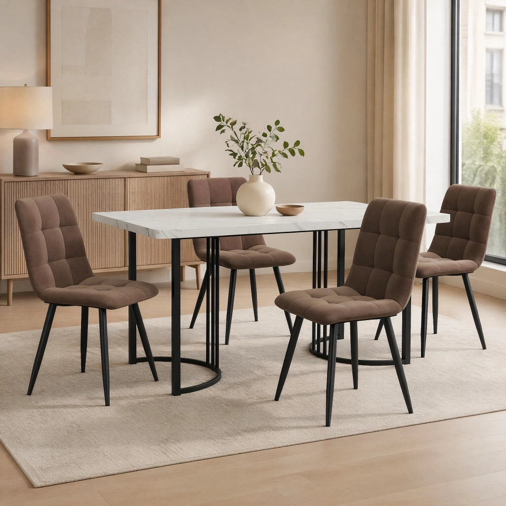 Set da pranzo 5 pezzi 140x80 cm con piano in MDF effetto marmo; gambe in metallo; bianco