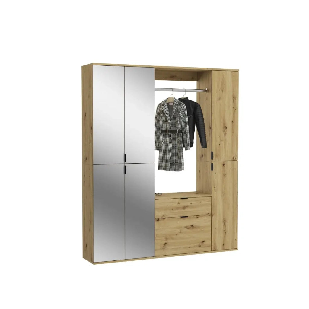 Armadio con 6 porte con specchi + appendiabiti e cassetti - Rovere chiaro - BODITE