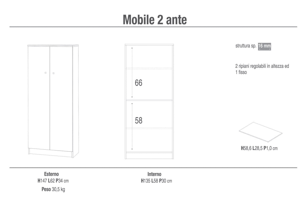 Mobile 2 Ante 62x147x34 cm Bianco Lisco