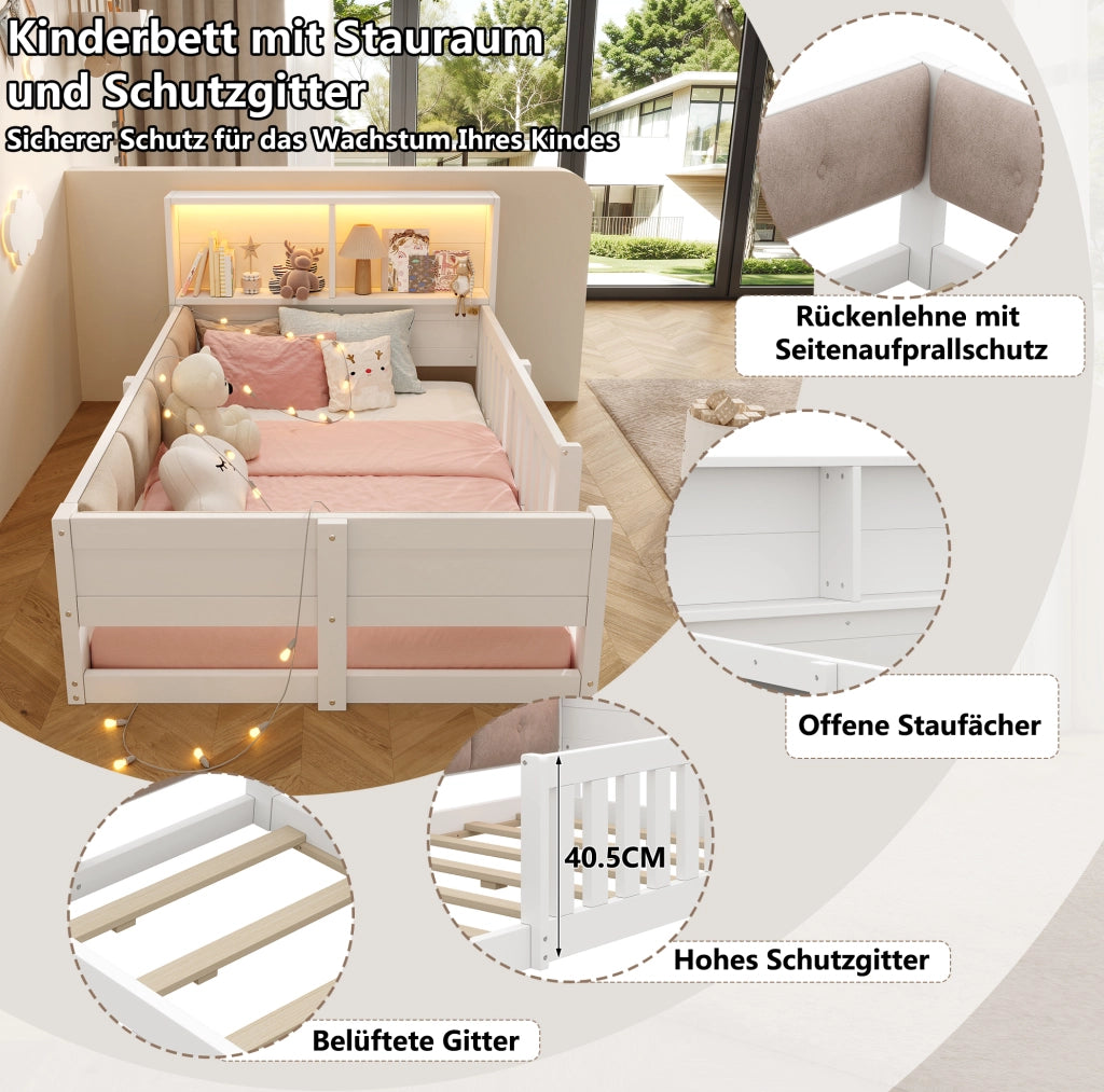 Lettino per bambini con sponde di sicurezza e testiera con contenitore; 90x200 cm; bianco