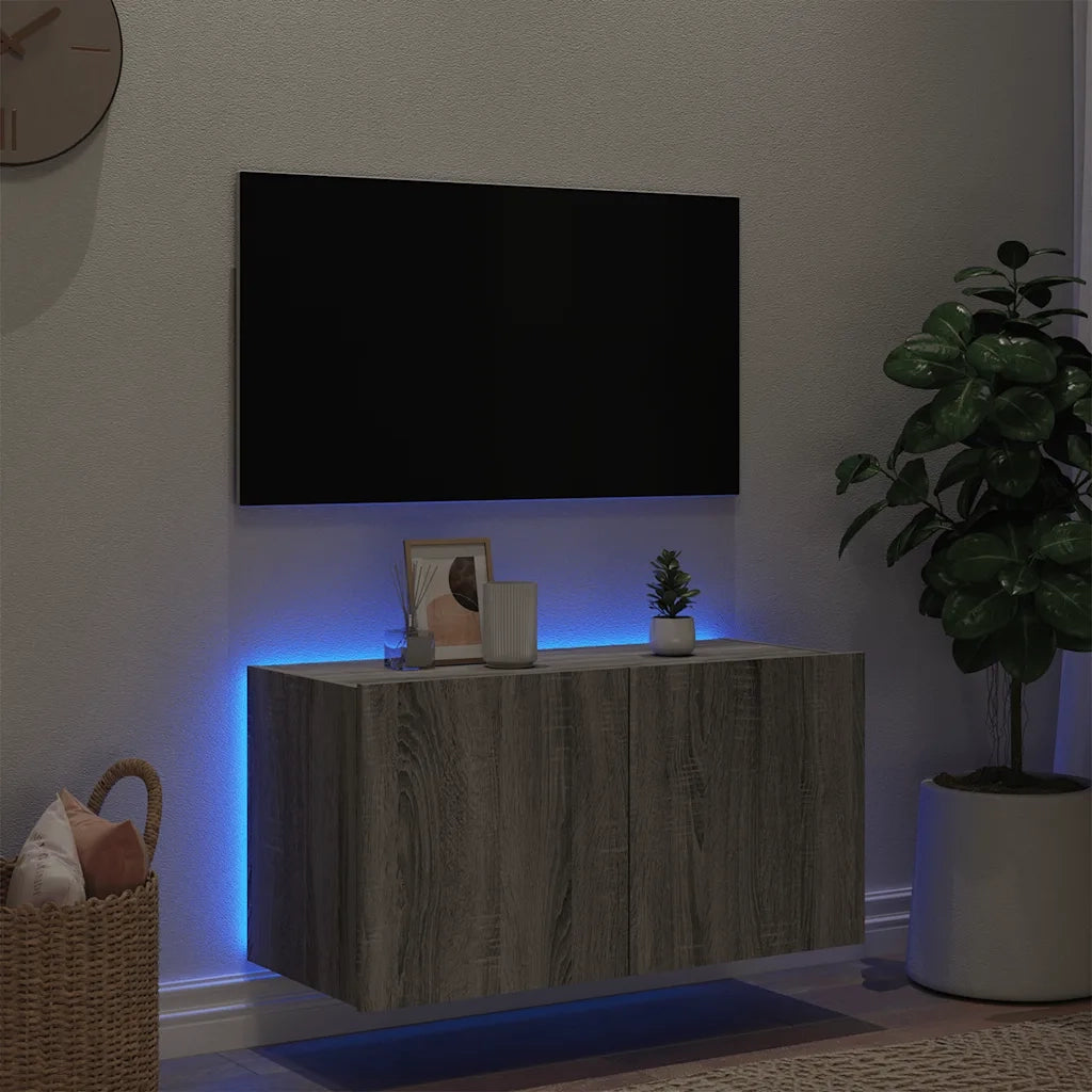 Mobile TV a Parete con Luci LED Grigio Sonoma 80x35x41 cm 837321
