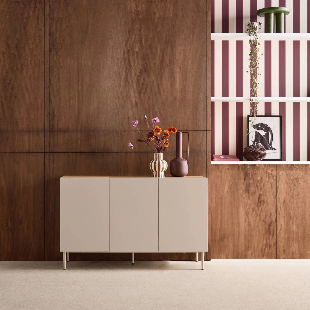 Credenza in metallo e decorazione in legno 3 ante, 120cm, beige