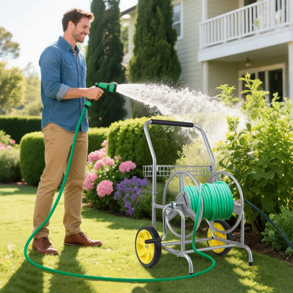 Carrello avvolgitubo da giardino con 2 ruote e cestino portaoggetti, Carrello tubo da giardino per esterni e giardino Argento-Attrezzi da giardino