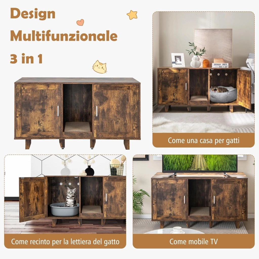 Mobile per Lettiera per Gatti 120 x 52 x 65 cm, Casetta per Gatti con 2 Ante, Fori, Tiragraffi e Gambe Staccabili, Mobile Versatile e Moderno per Salotto (Marrone e nero)