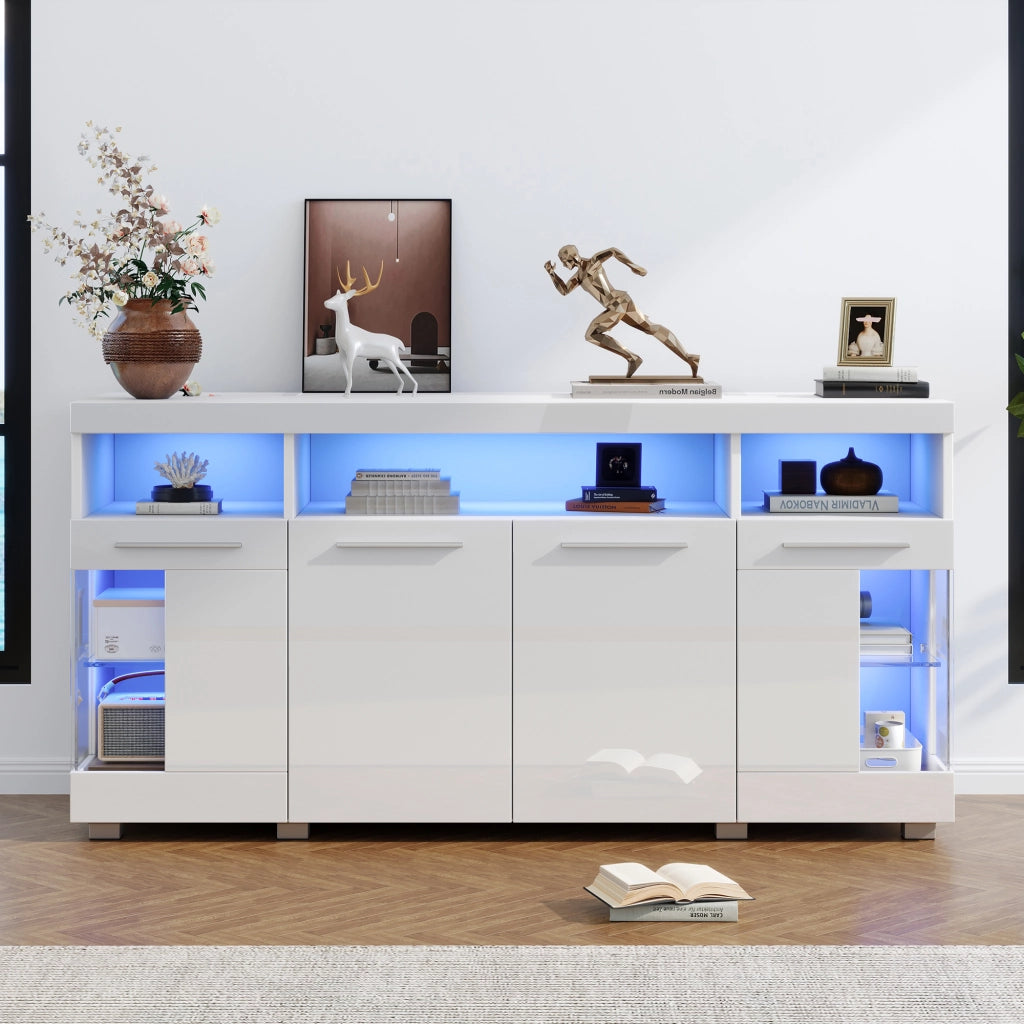 Credenza e madia con LED e ante in vetro temperato, 3 cassetti e 6 vani, per soggiorno, bianco, 140 × 40 × 70 cm