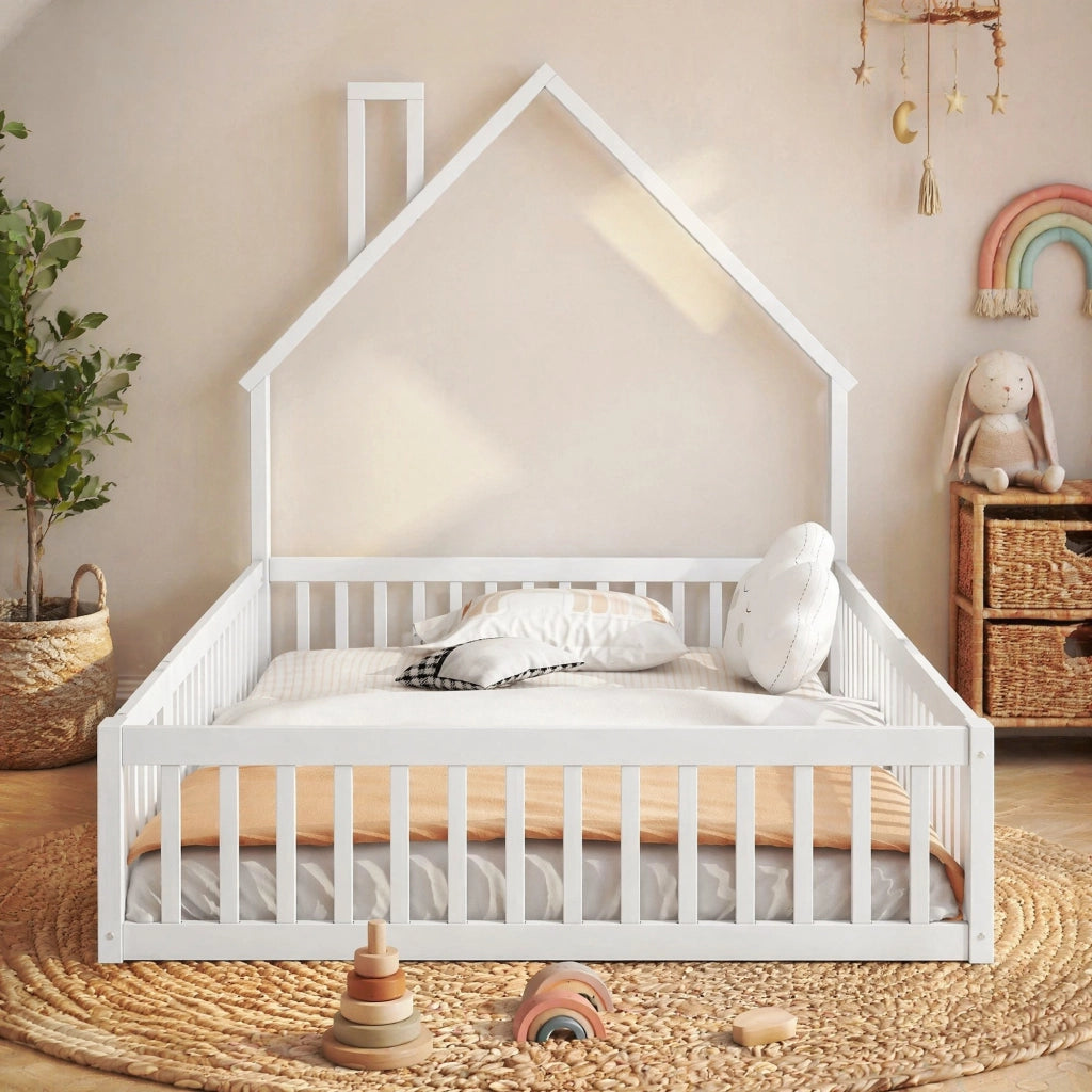Letto per bambini 140x200 cm con camino e protezione, bianco