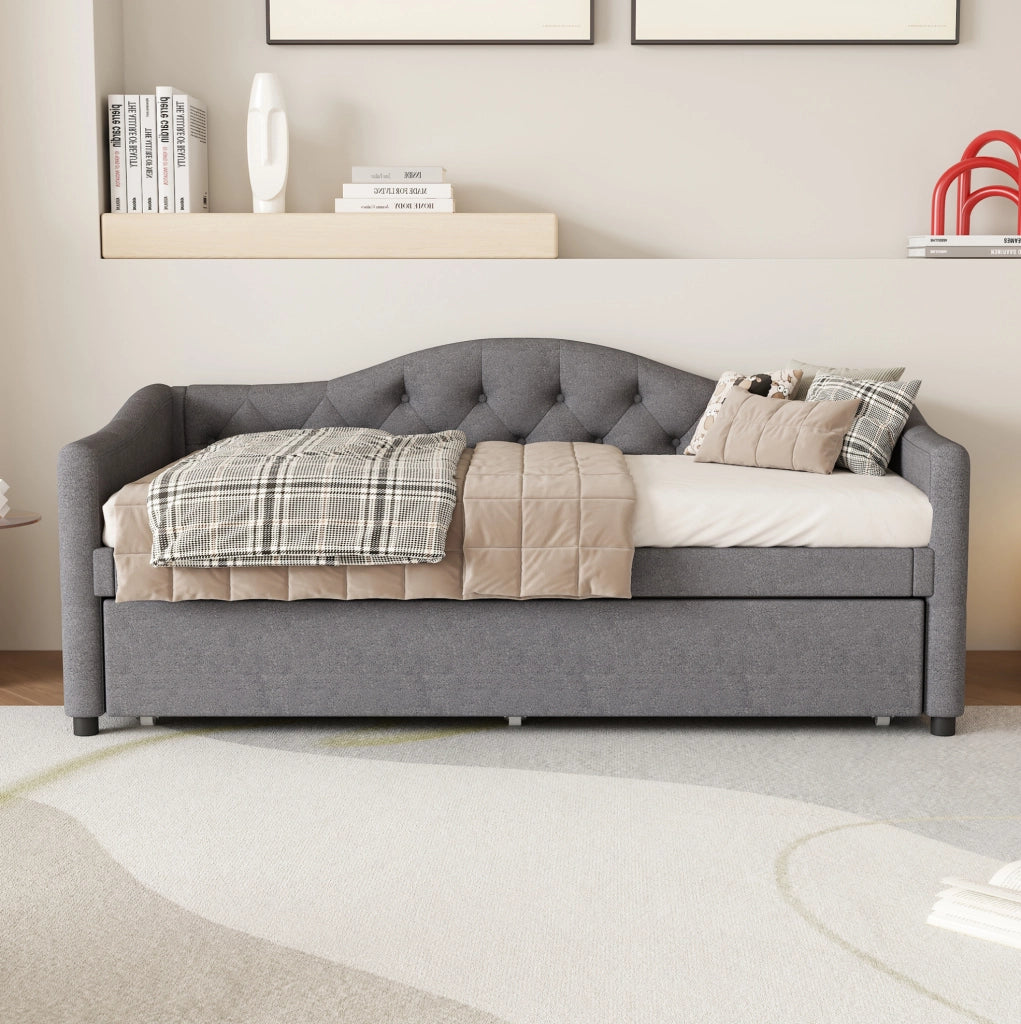Letto singolo estraibile 90x200 cm in lino e MDF grigio con letto a rotelle