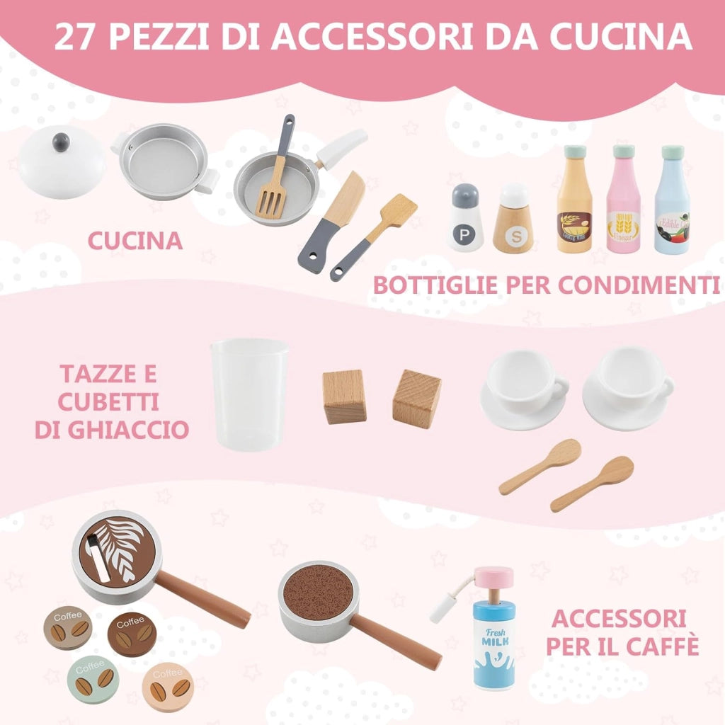 Cucina Giocattolo con Macchina da Caffè e del Ghiaccio, Cucina per Bambini in Legno con Lavatrice, Microonde, Fornelli e Lavandino, Set Cucina con 27 Accessori, 106 x 30 x 105 cm (Marrone)