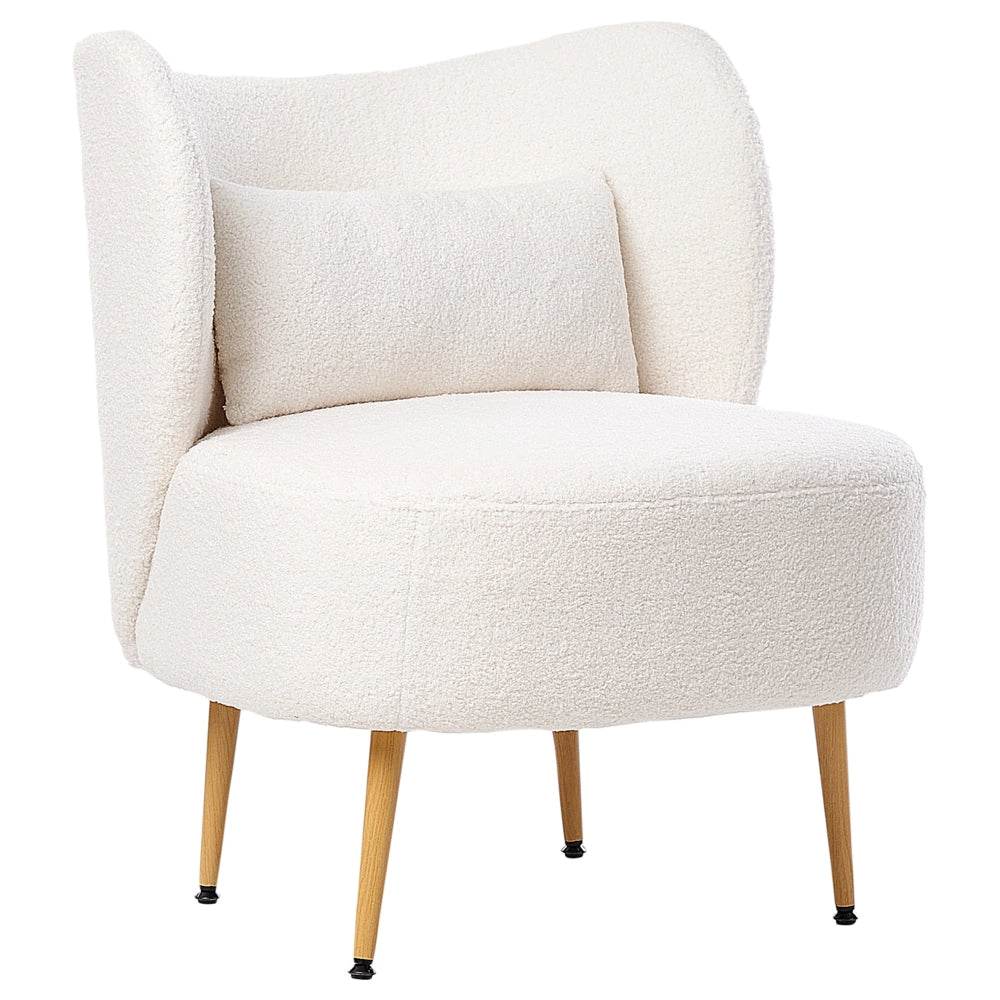 Poltrona Bianco sporco Boucle Tessuto Morbido Nubby Legno Chiaro Gambe Metallo Schienale Curvo Stile Retro Glam Art Decor