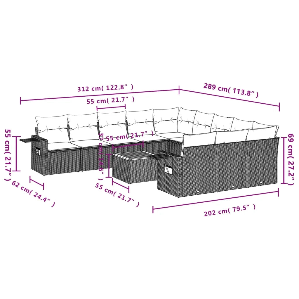 Set Divani da Giardino 12 pz con Cuscini Nero in Polyrattan