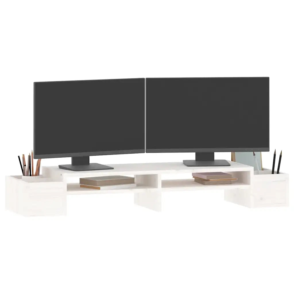 Supporto per Monitor Bianco100x27,5x15cm Legno Massello di Pino 813970