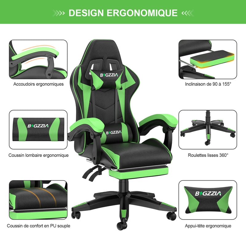 Sedia da gioco,  Sedia da gioco ergonomica in pelle PU, regolabile in altezza, con poggiatesta e supporto lombare, poggiapiedi,Nero Verde