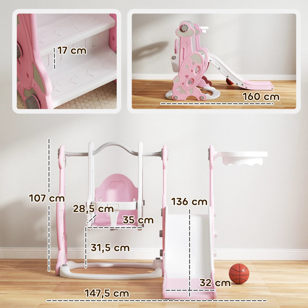 Scivolo per Bambini 4 in 1 con Altalena Scaletta da Arrampicata e Cestino da Basket in PP e PE Rosa
