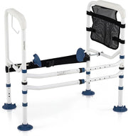 Supporto per WC per Anziani Portata 136 kg, Barra Bagno con Portarotolo e Tasca, Altezza e Lunghezza Regolabili, Corrimano di Sicurezza per WC per Disabili e Donne in Gravidanza