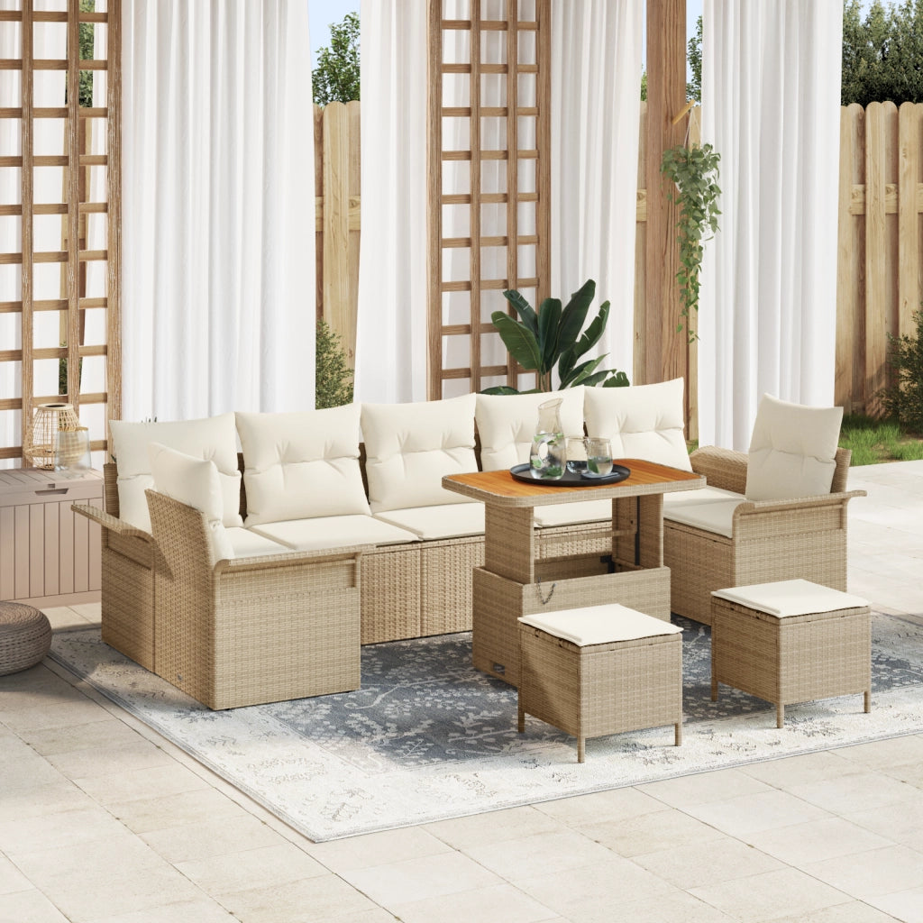 Set Divano da Giardino a 10 Pezzi con Cuscini Beige in Polyrattan Acacia