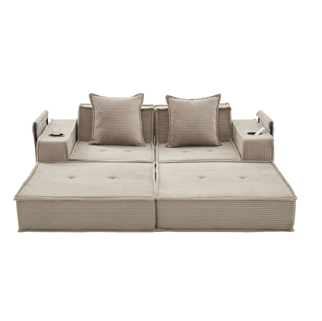 Divano pouf modulare in tessuto effetto corduroy color khaki; 162x78x66 cm; con 2 cuscini