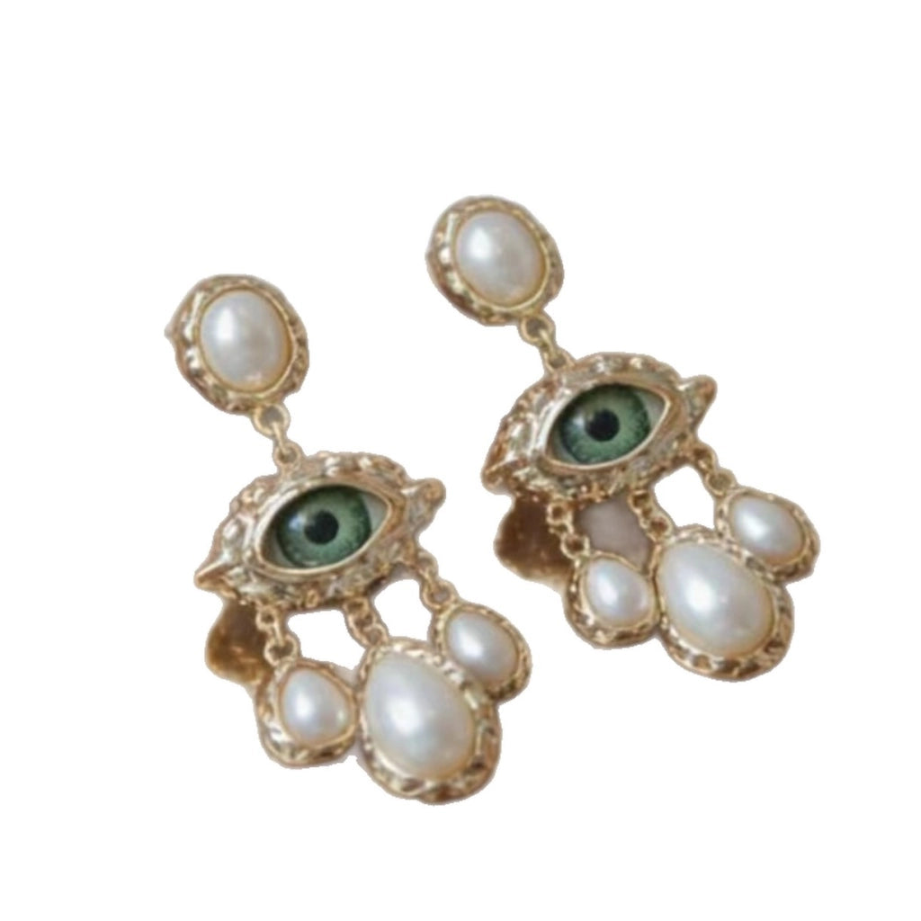 Orecchini pendenti lunghi con perle dal design vintage francese, esagerato e dalla forma a occhio grande.
