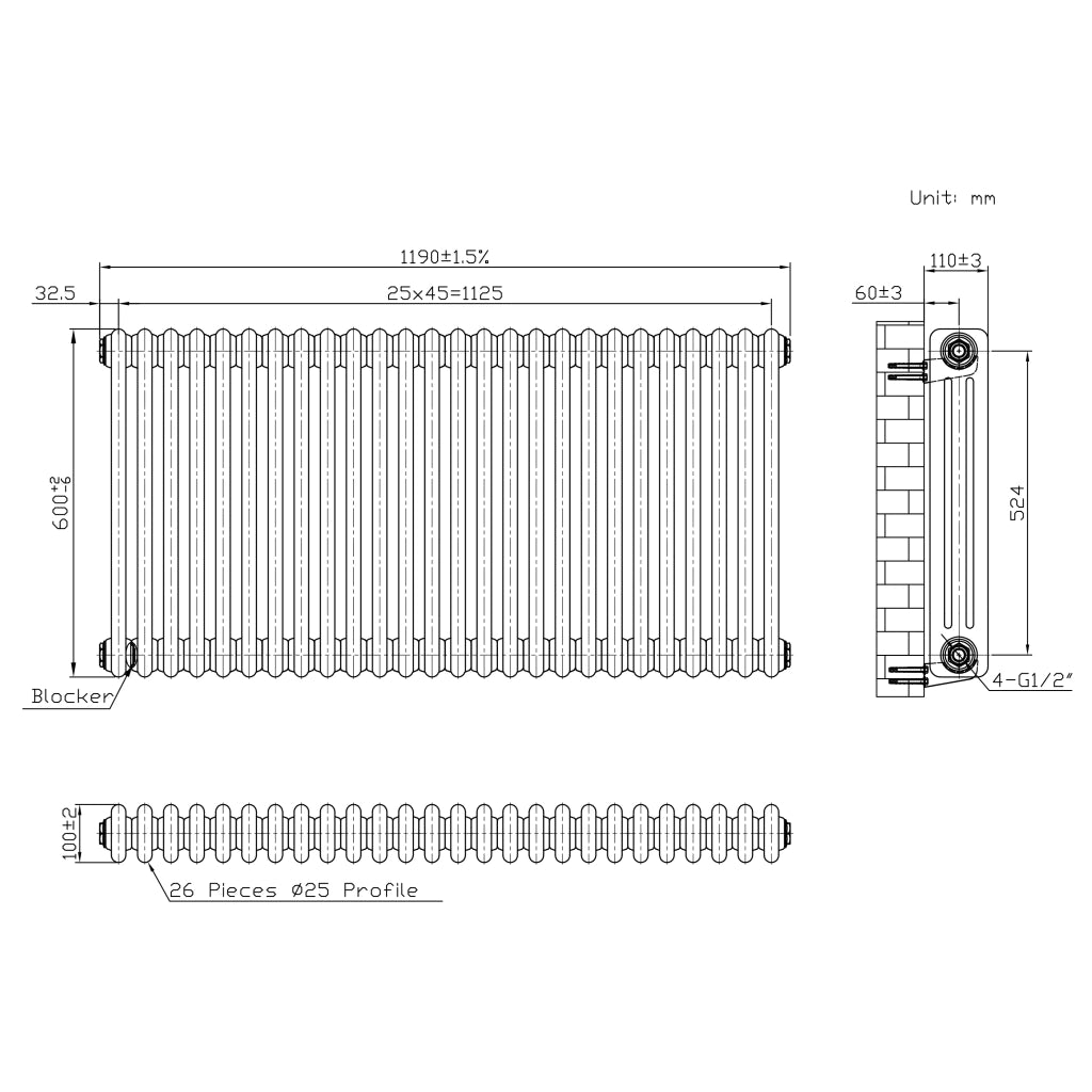 Radiatore 3 Colonne Orizzontale Metallo Grezzo 600 x 1190 mm TRV