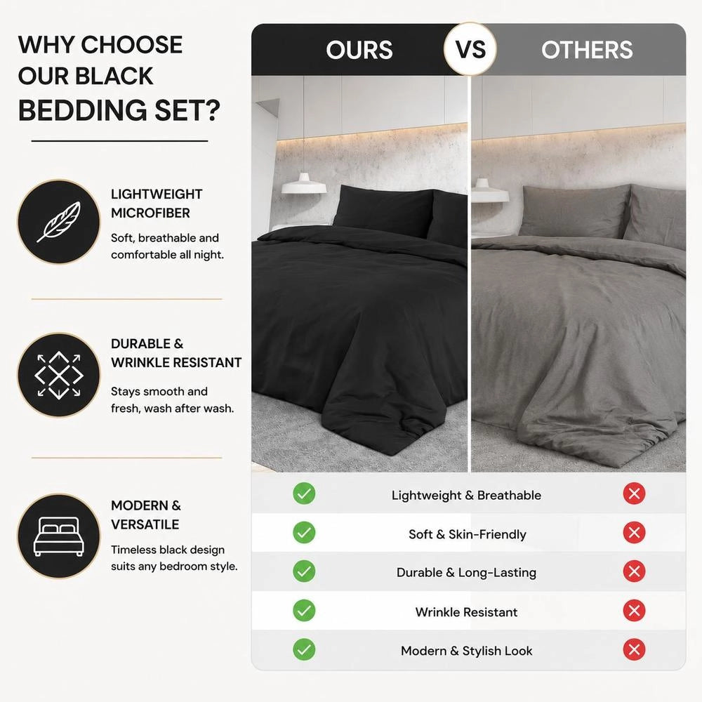 Black Bedding Set 200x200 Cm, Lightweight Microfiber