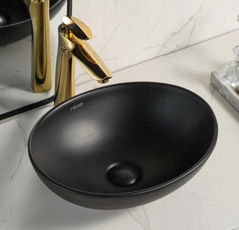 LAVABO DA APPOGGIO IN CERAMICA NERA OPACA 41x33 cm DA POSIZIONARE SU PIANO OVAL