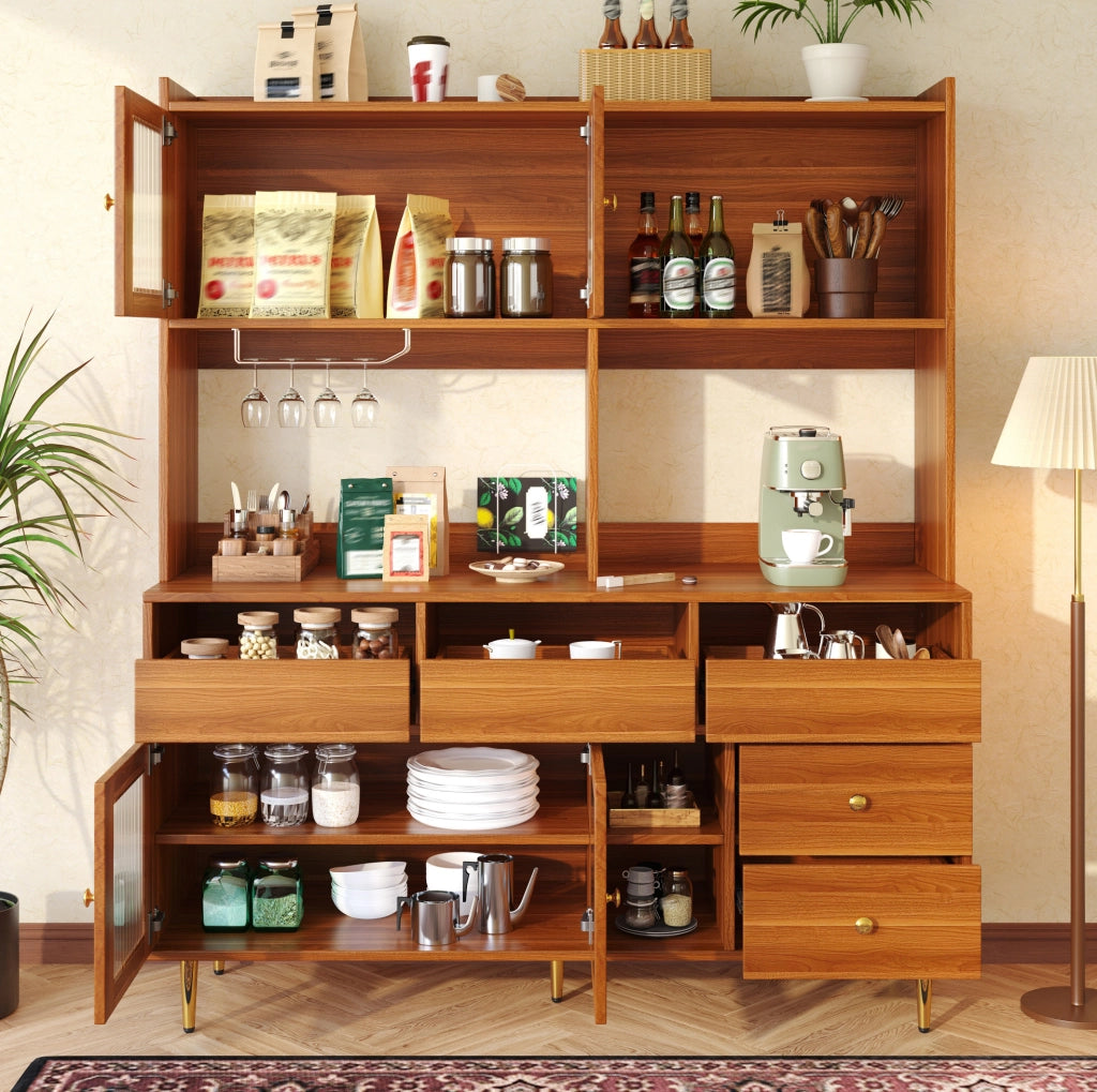 Credenza alta in MDF con vetro scanalato e portabottiglie