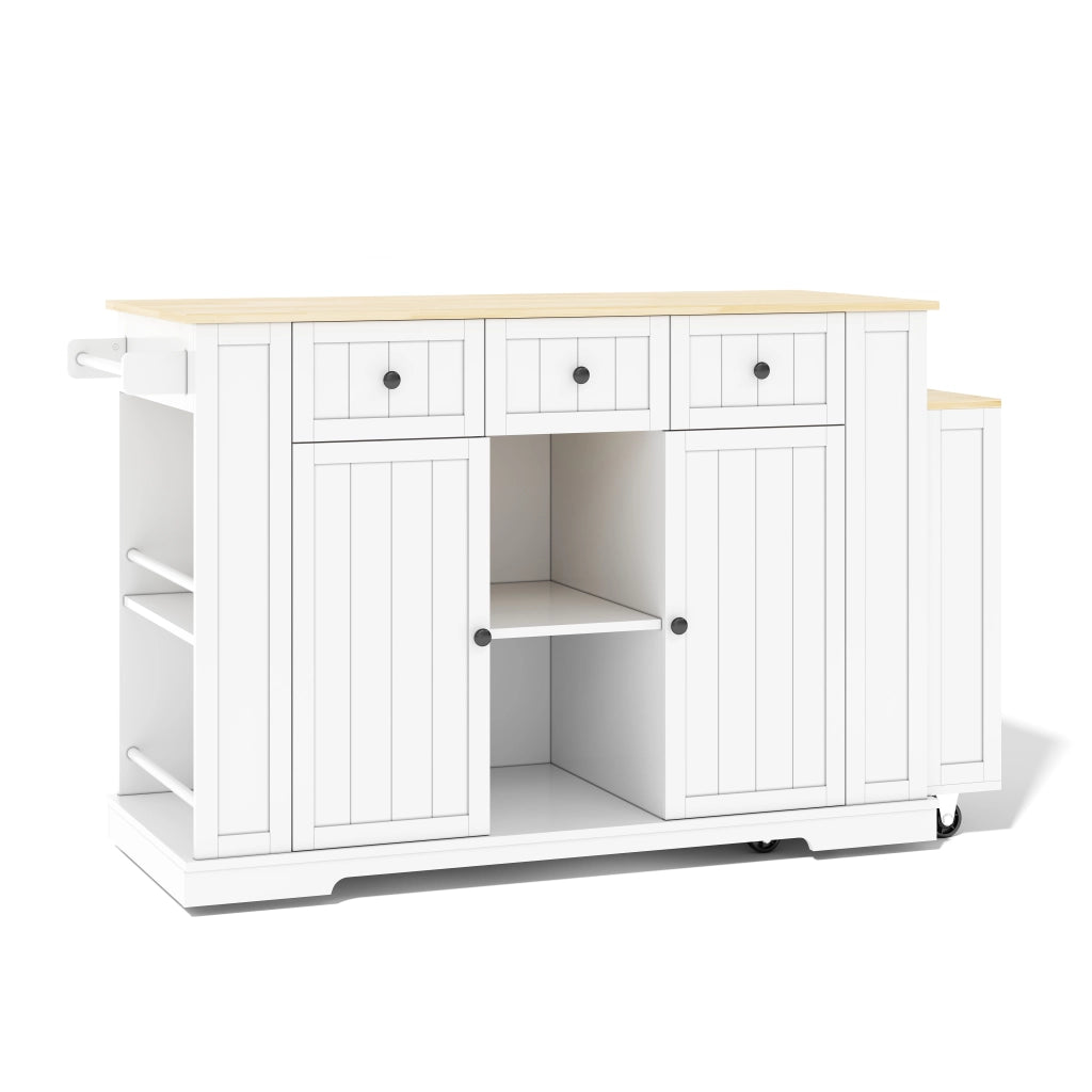 Isola da Cucina Mobile 138/213x55x93 cm con Tavolo Estensibile; 7 Ruote; 2 Prese; 2 USB e Cassetti