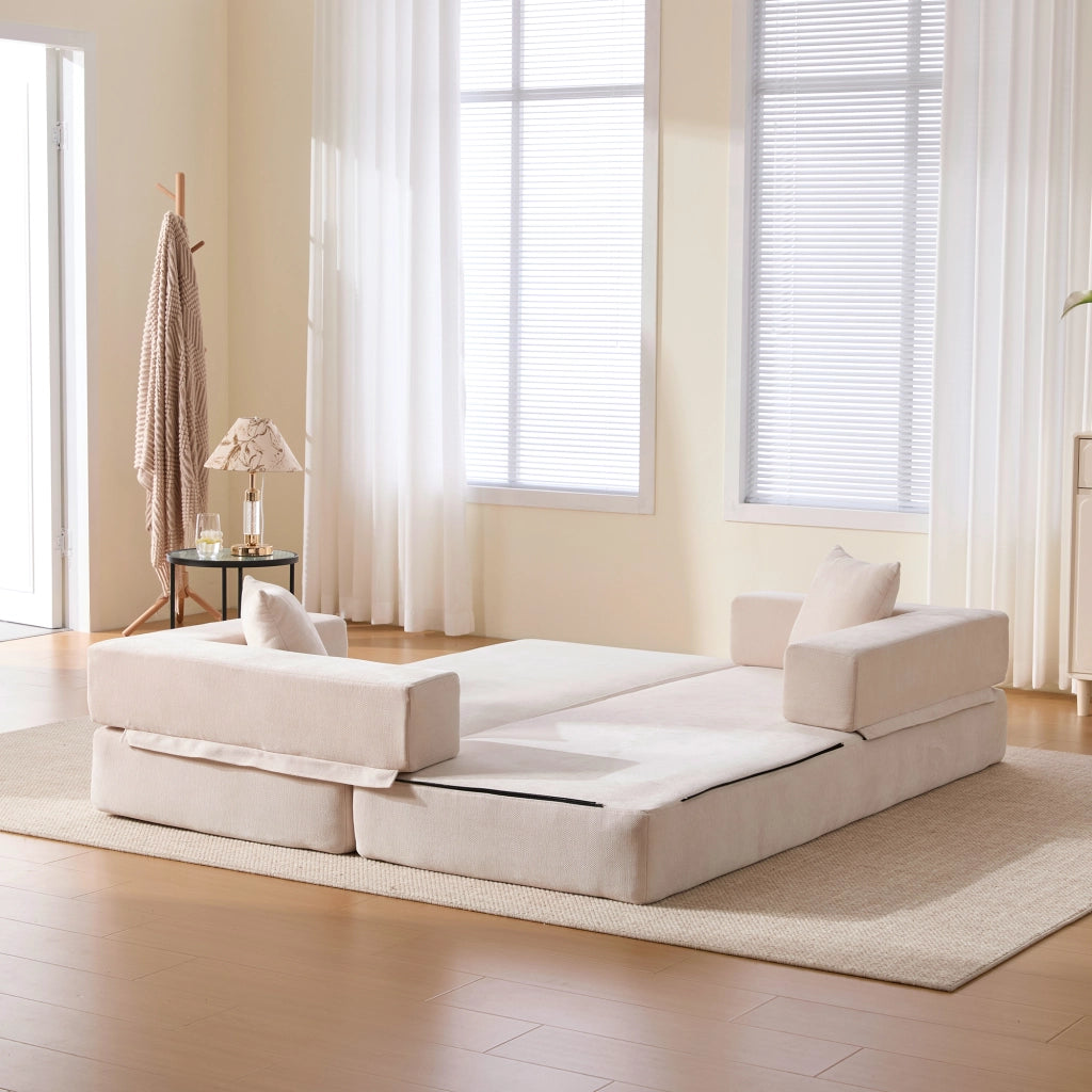 Divano modulare in tessuto Chenille beige con tasche laterali, base antiscivolo e struttura DIY
