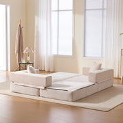 Divano modulare in tessuto Chenille beige con tasche laterali, base antiscivolo e struttura DIY