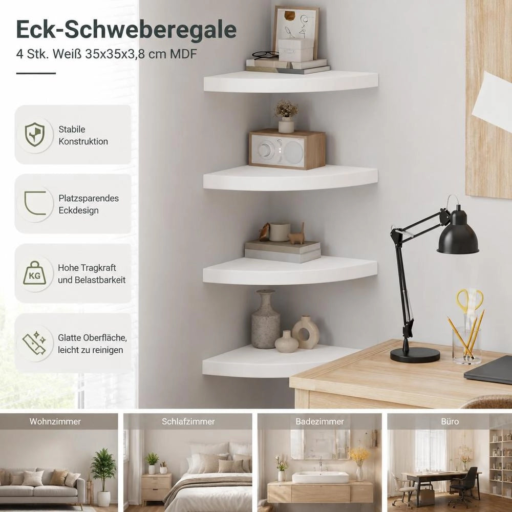 Corner Floating Shelves, 4 Pieces, White, 35x35x3.8 Cm, MDF