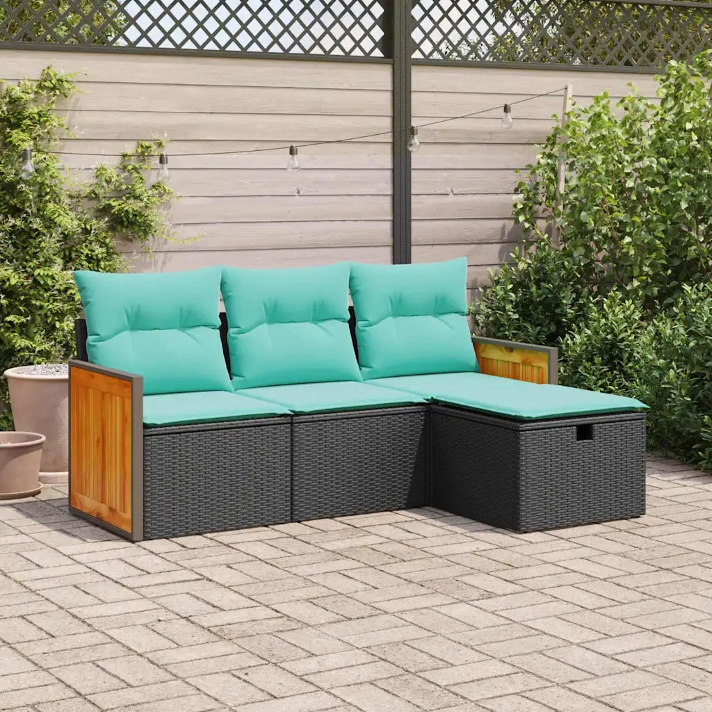Set Divani da Giardino 4 pz con Cuscini Nero in Polyrattan