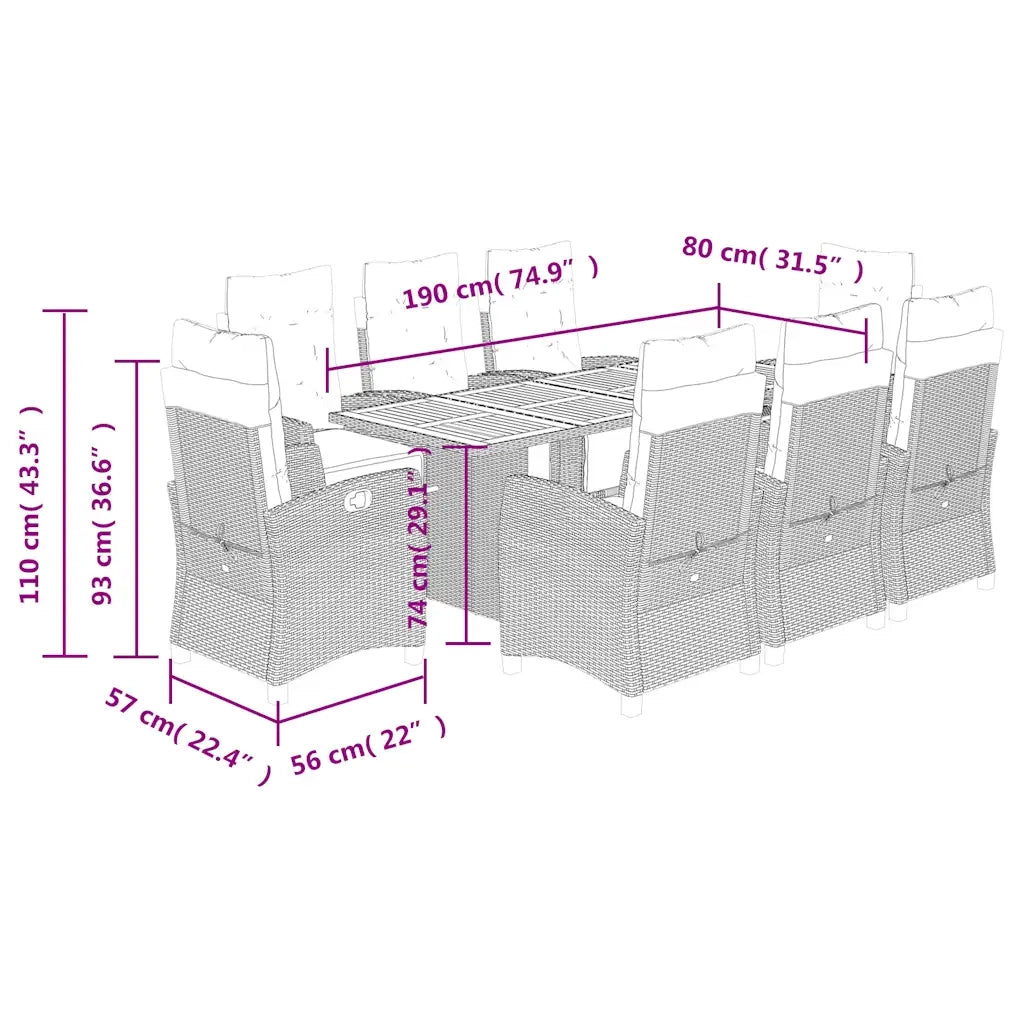 Set Pranzo da Giardino 9 pz con Cuscini Beige Misto Polyrattan