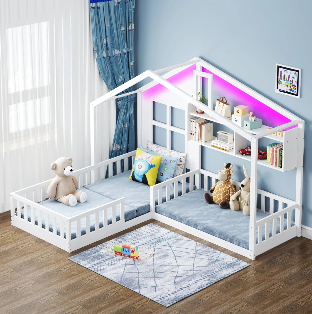 Letto a casetta 90x200 cm con LED, mensole e sponde di sicurezza
