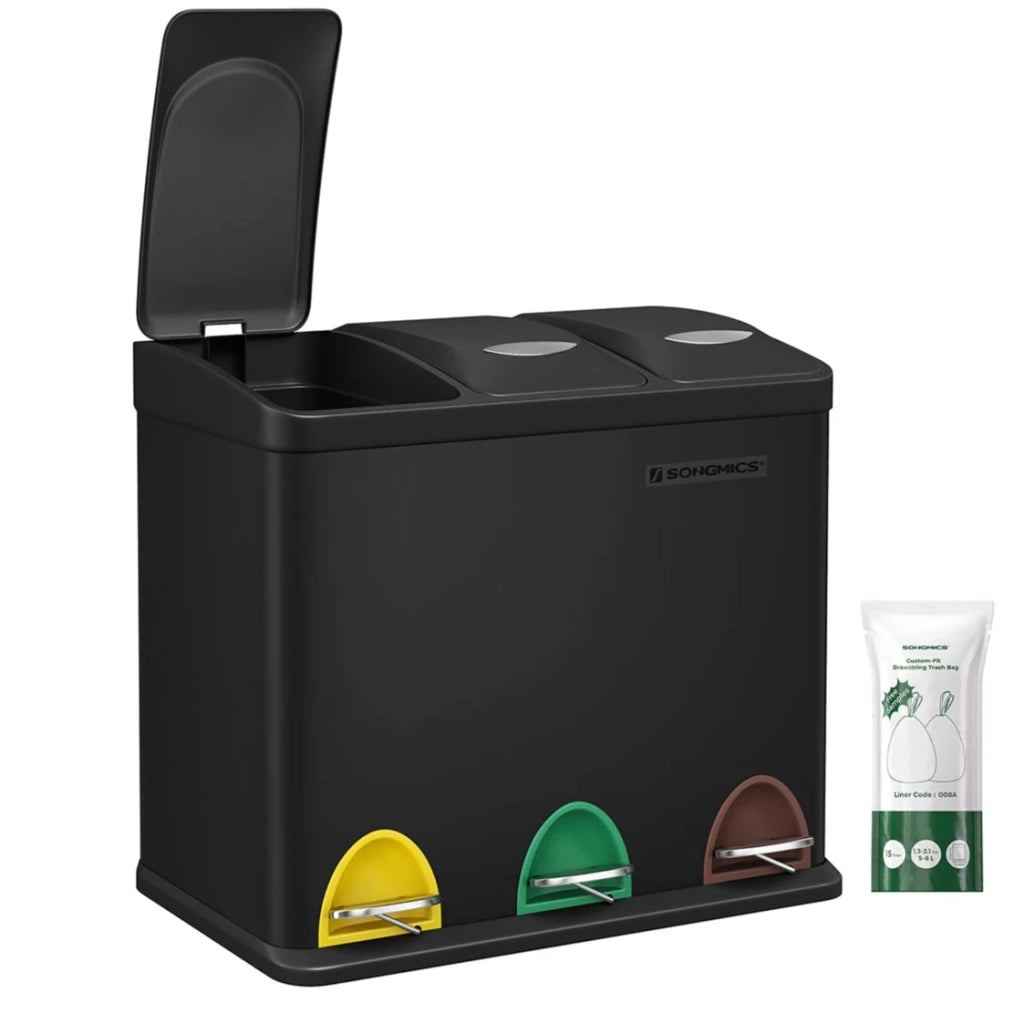 Pattumiera da cucina resistente con pedali e 3 scomparti per la raccolta differenziata in acciaio inox nero 12_0007238