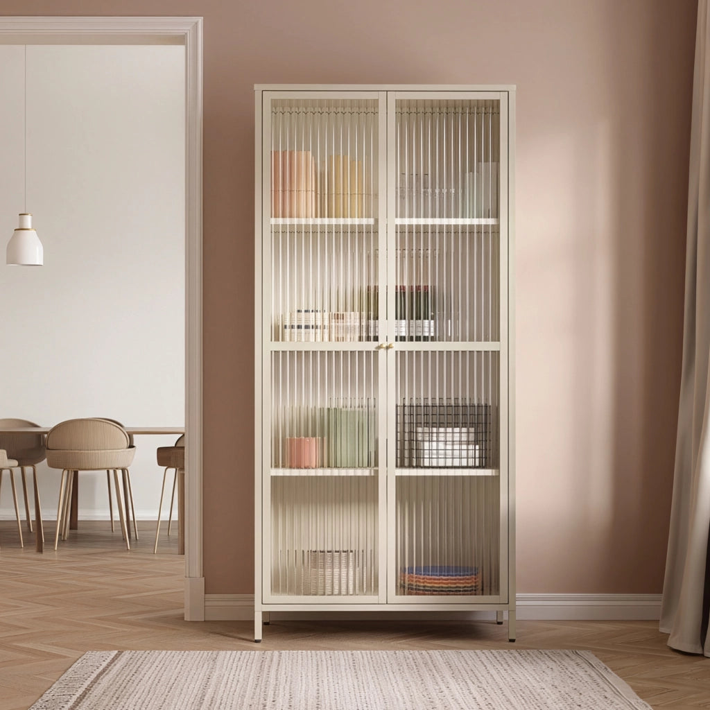 Armadio a Vetrata Säkylä con 4 Scomparti 180 x 80 x 35 cm in Acciaio - Color Cammello [en.casa]