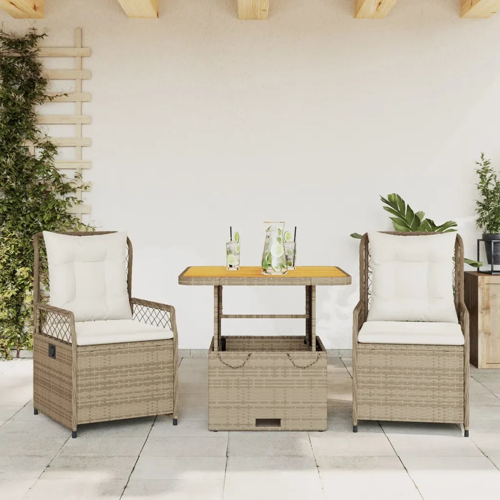 Set da Pranzo da Giardino 3 pz con Cuscini Beige in Polyrattan
