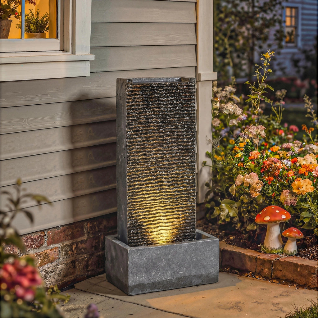Fontana da giardino a 2 livelli con illuminazione LED e pompa effetto granito ¨C Xylo ¨C 37,5x22x80 cm