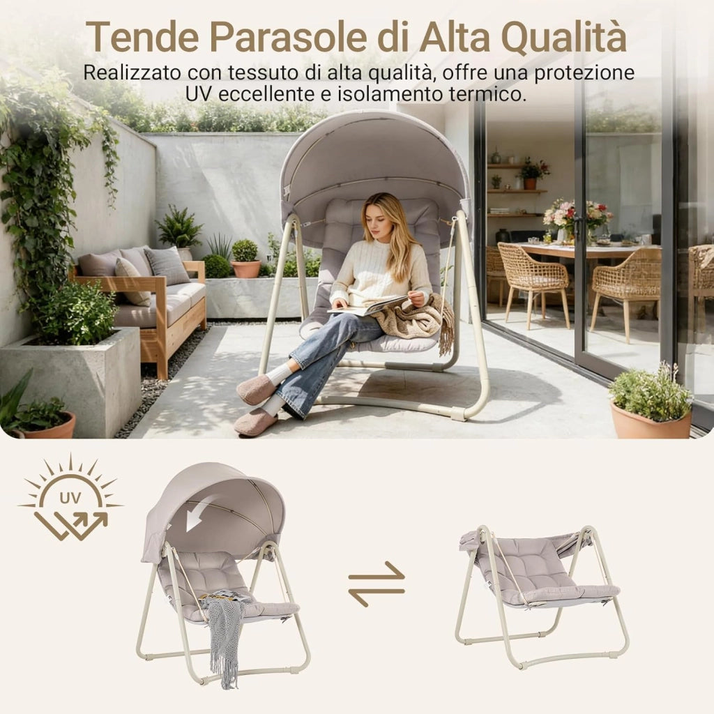Dondolo da Giardino Poltrona Relax con Parasole Regolabile Amaca da Giardino Sedia a Dondolo per Esterni e Interni Poltrona Sospesa Beige 108x126x163 cm OGS62-MI