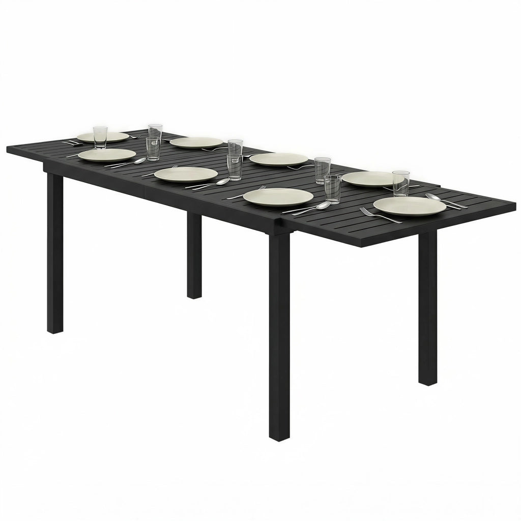 Tavolo da giardino allungabile per 6-8 persone, alluminio con piano a doghe, nero.