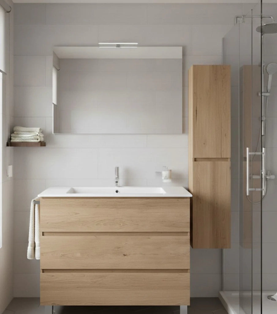 Mobile Bagno BALDER Già Montato 3 cassetti con piedini, lavabo e specchio Estepa 90x40 cm con colonna