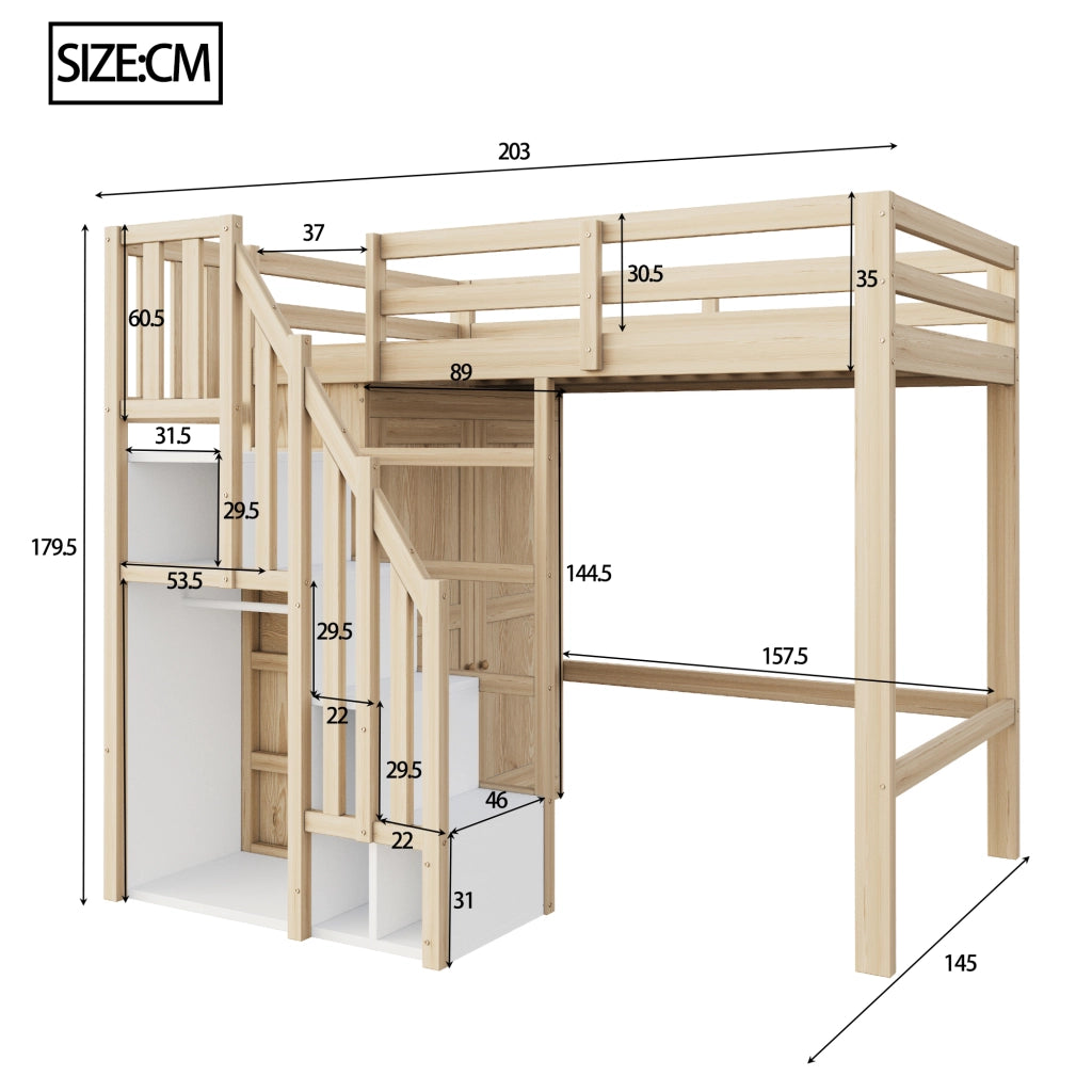 OKWISH Letto a Soppalco 90×200 cm, Letto Singolo con Scala Contenitore, Armadio e Barra Appendiabiti, senza Materasso, Legno Naturale