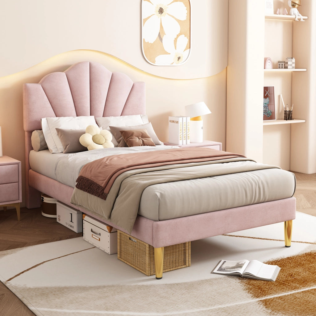 Letto imbottito in velluto rosa 90x200 cm con testiera regolabile, rete a doghe in legno e gambe in ferro dorato
