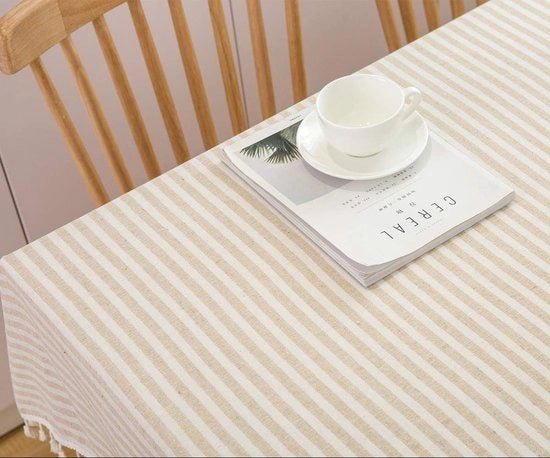 Tavolo in tessuto di cotone - Pieno di vita - Asciugabile - Beige - Stile boho - Dimensioni 140 x 180 cm - Adatto per cucina e all'aperto