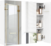 Armadietto Bagno con Specchio, Mobile Bagno Sospeso, con 3 Ante, Ganci, Ripiani Regolabili, Stile Nordico, Bianco, 70x14,5x61 cm
