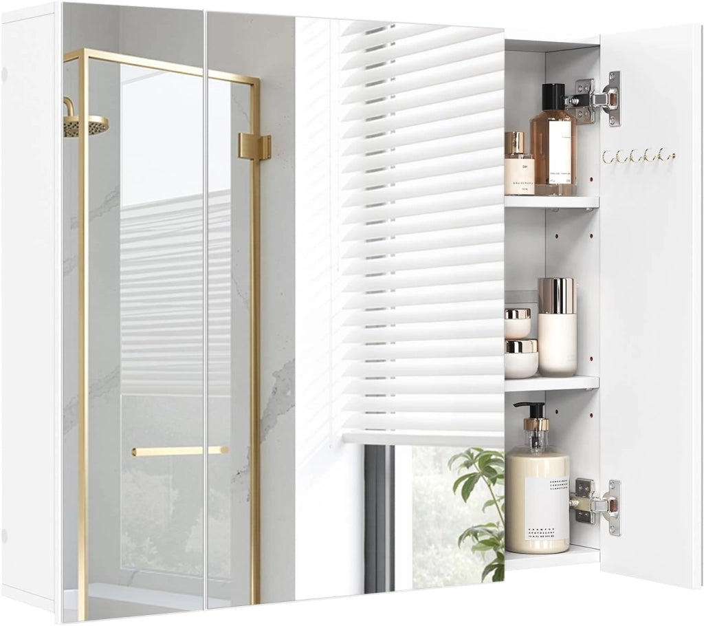 Armadietto Bagno con Specchio, Mobile Bagno Sospeso, con 3 Ante, Ganci, Ripiani Regolabili, Stile Nordico, Bianco, 70x14,5x61 cm