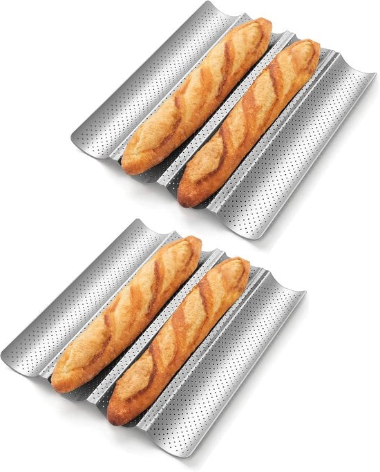 Due pezzi di forma per pane a buchette forate anti-adesivo – 4 celle – per pane francese, pane lievitato e pane italiano