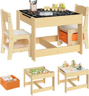 Set Mobili con Lavagna Contenitore Tavolo e Sedie per Bambini Soggiorno Tavolino con 2 Sgabelli in Legno