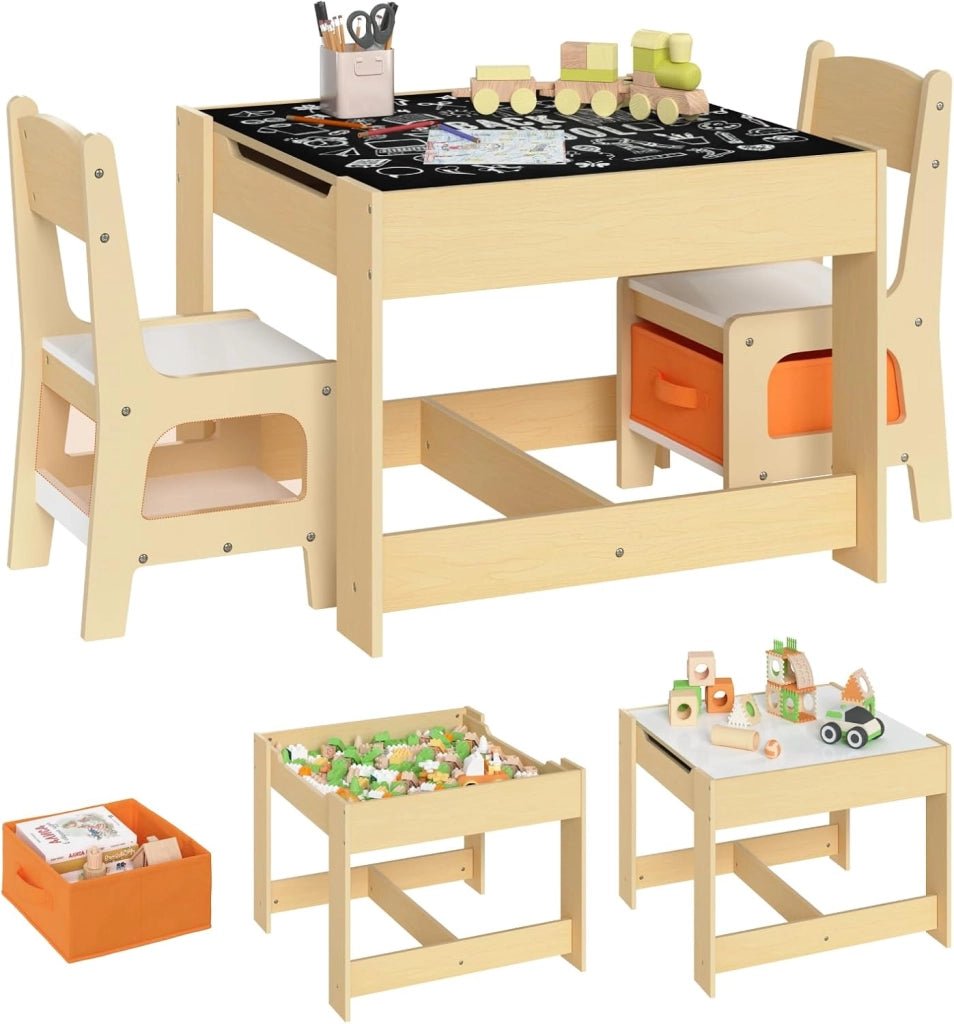 Set Mobili con Lavagna Contenitore Tavolo e Sedie per Bambini Soggiorno Tavolino con 2 Sgabelli in Legno