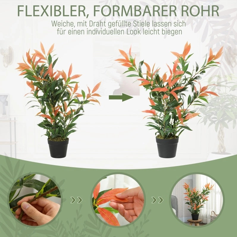 Pianta Artificiale Glanzmispel 90 cm con 300 Foglie, Rami Regolabili, Rosso e Verde