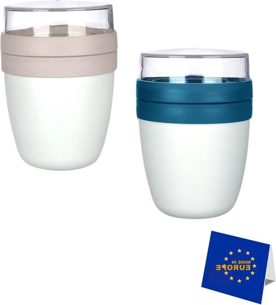 Bicchiere to-go pratico con divisione per yoghurt e muesli adatto al congelatore, forno a microonde e lavastoviglie, 500 ml + 150 ml (confezione da 2 pezzi, colore marine-beige)